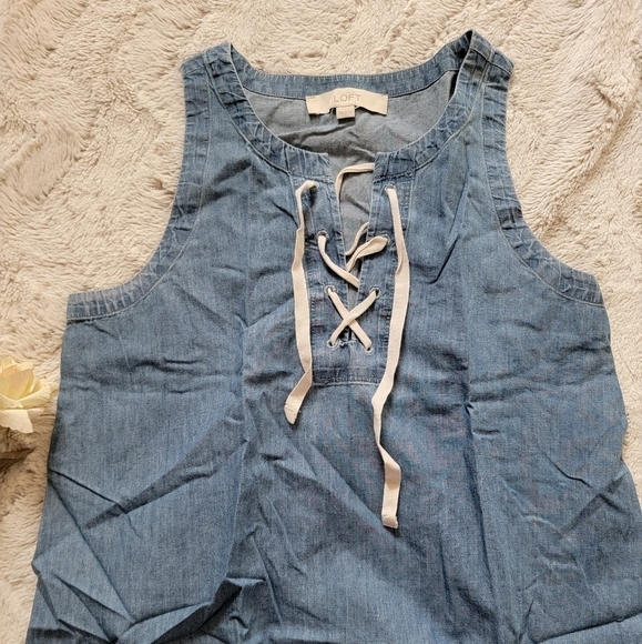 Loft 100% Cotton Blue Denim Style Lace Up Collar Sleeveless Dress XS - Picture 2 of 9